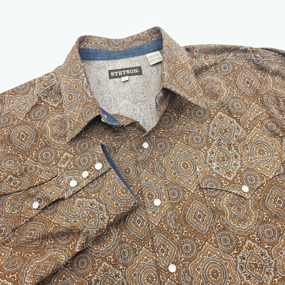 Stetson Mens 2XL Brown Geometric Cowboy Western Pearl Snap Rodeo Button Up Shirt